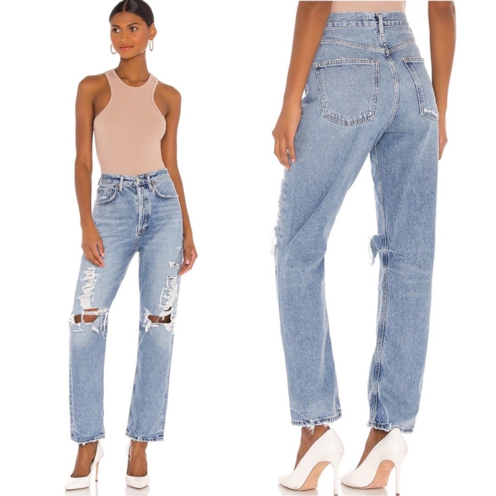 Agolde Light Blue Distressed 90s Mid-Rise Straight Jeans  “Major”